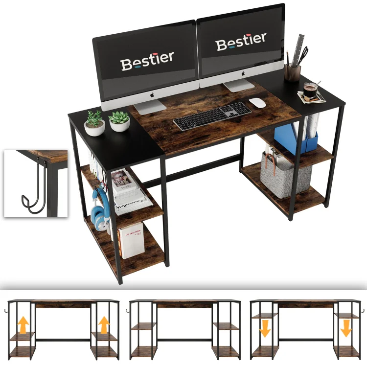 Bestier 55 Inches Computer Desk PC Laptop Table with 4 Storage Shelves in Rustic Brown