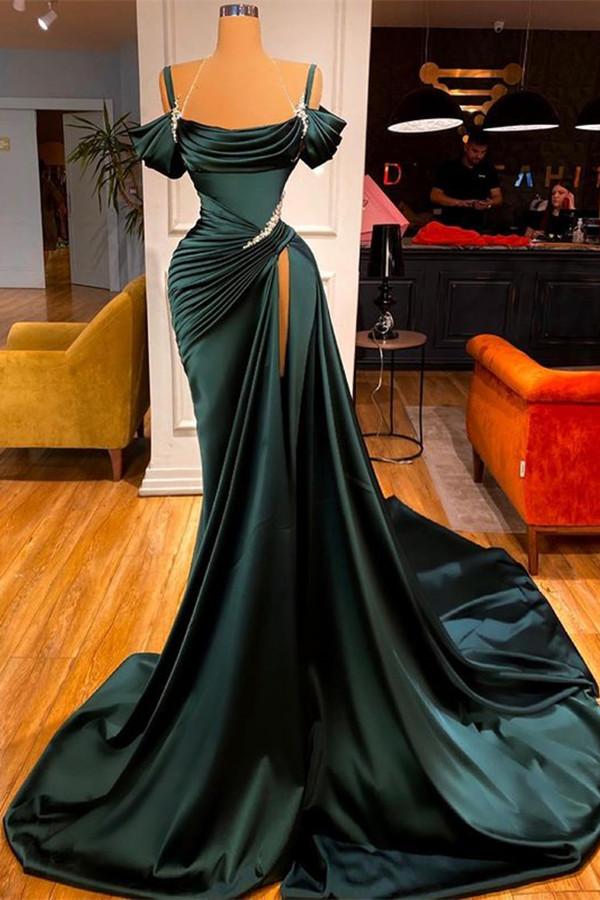 Lisliy Dark Green Off-the-Shoulder Prom Dress Long Split with Beadeds