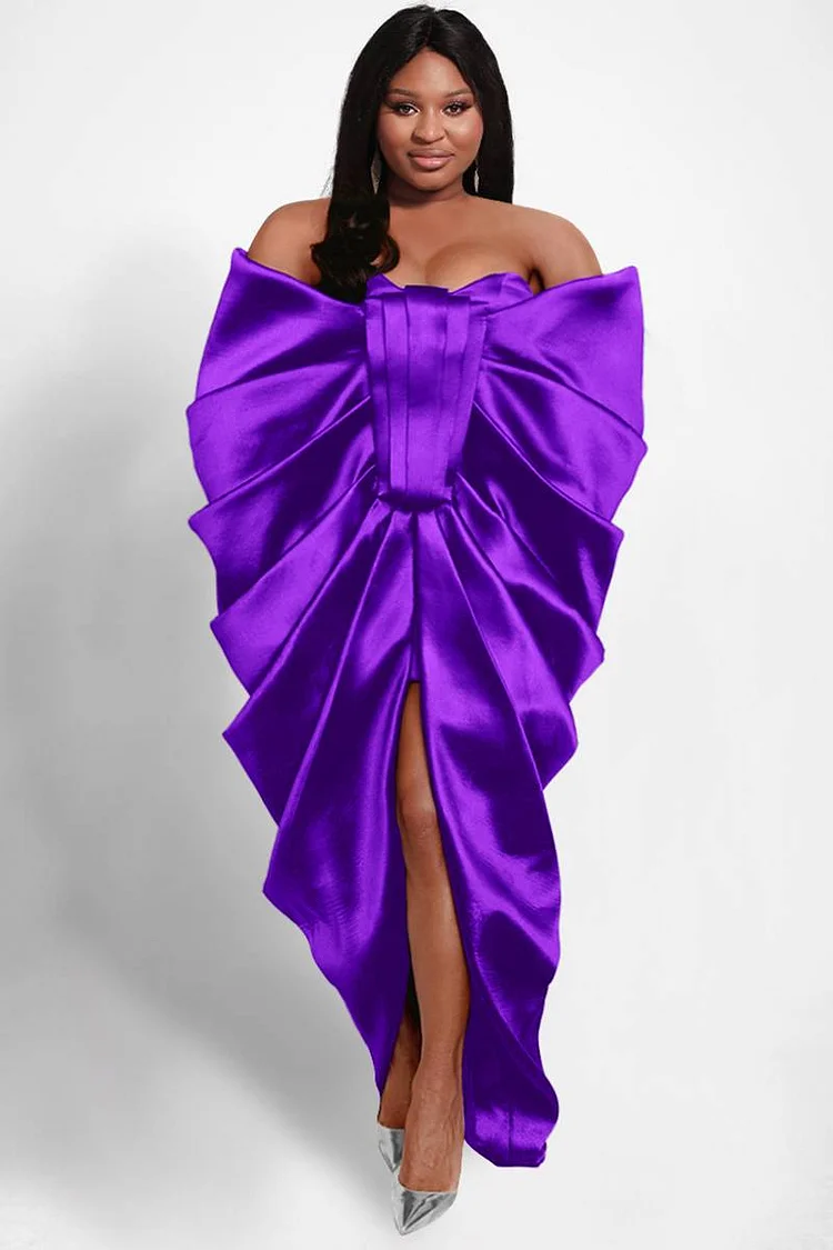 Xpluswear Design Plus Size Purple Formal Satin Off The Shoulder Fold Maxi Dress 