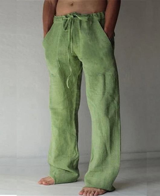 Linen Drawstring Loose Solid Color Side Pocket Casual Pants