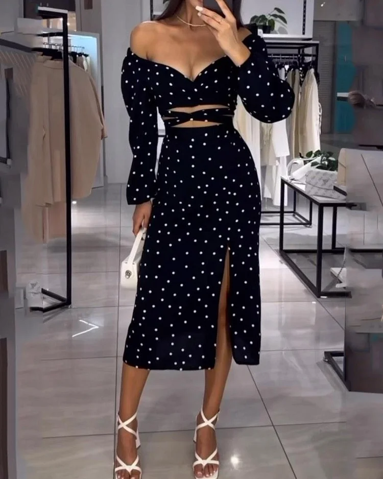 Polka-dot V-neck One-shoulder Strappy Top & Slit Skirt Two-piece Set