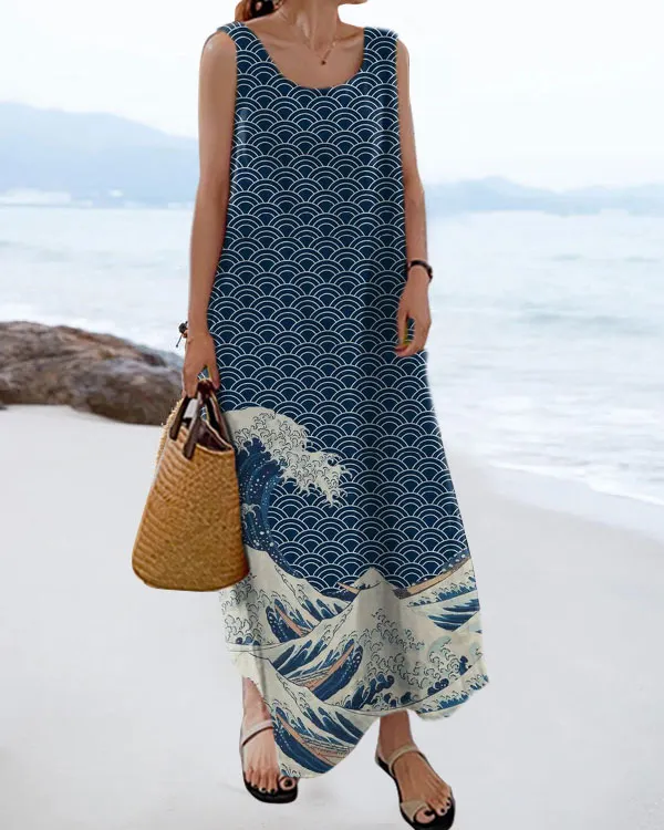 Women's Japanese Ocean Print Resort Sleeveless Dress