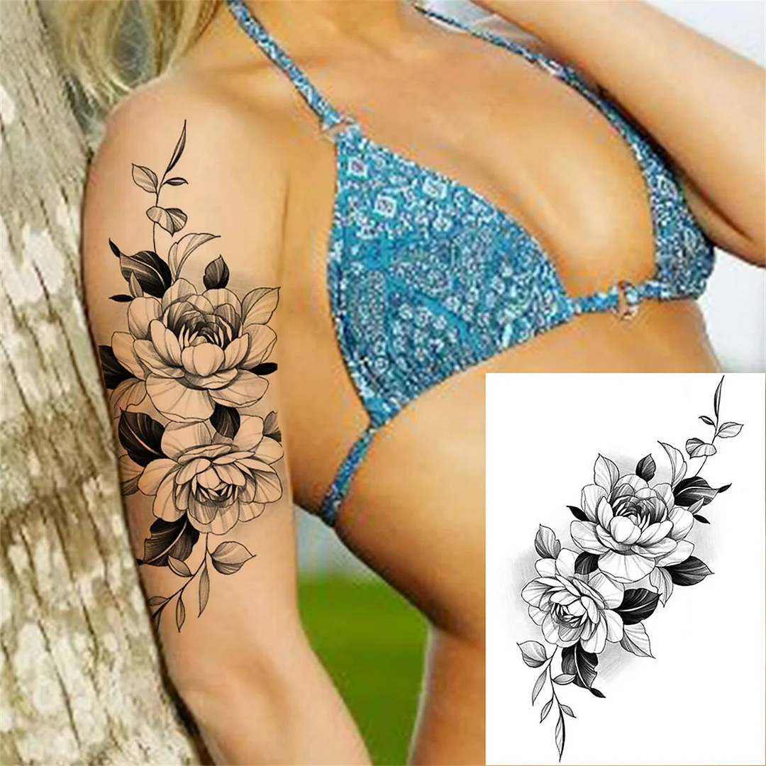 Flower Skull Temporary Tattoos For Women Men Adults Evil Skeleton Tattoo Sticker Fake Lavender Big Rose Black Tatoos Body Thigh