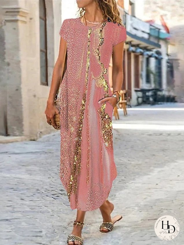 Casual Dress Shift Dress Summer Dress Ombre Marble Print Pocket Split Crew Neck Long Dress Maxi Dress Fashion Streetwear Outdoor Daily Short Sleeve Regular Fit Light Pink Pink Blue Summer for Women