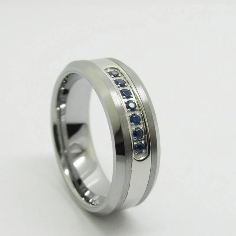 6MM 8MM Mens Tungsten Carbide Rings White Tungsten Carbon Fiber Polished Beveled Edge CZ Stone Channel
