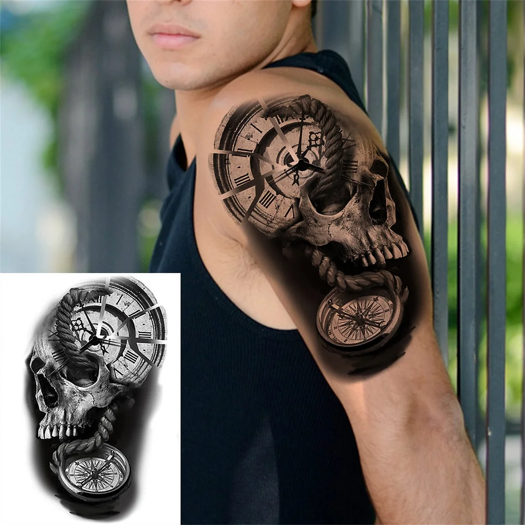 Flower Skull Temporary Tattoos For Women Men Adults Evil Skeleton Tattoo Sticker Fake Lavender Big Rose Black Tatoos Body Thigh
