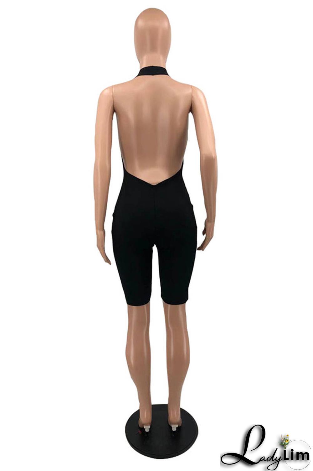 Blue Sexy Casual Solid Backless Halter Skinny Romper