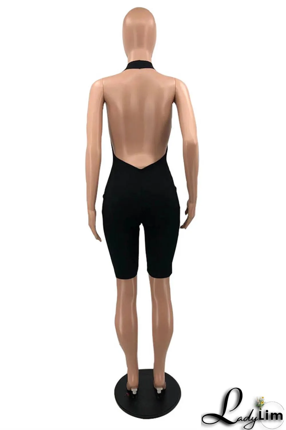 Blue Sexy Casual Solid Backless Halter Skinny Romper