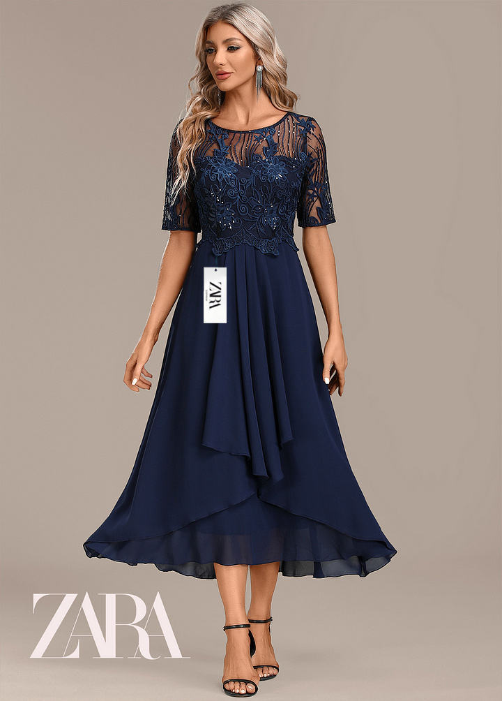 ZARA nowa sukienka z szyfonu z haftowanymi rękawami i okrągłym dekoltem