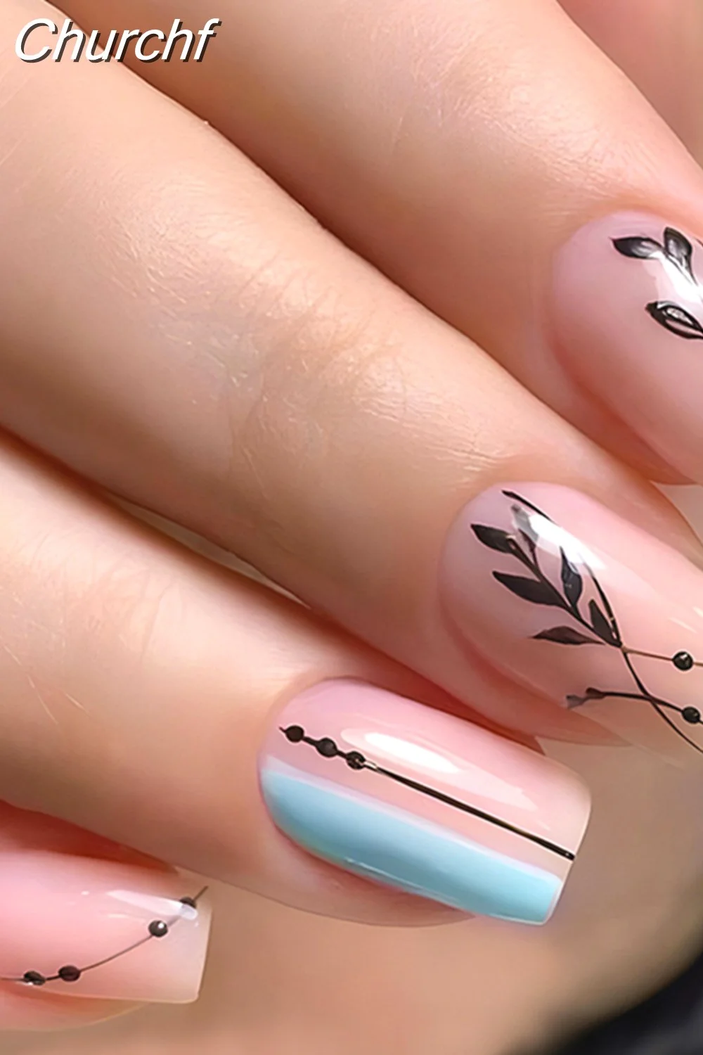 Churchf French White Black Short False Nails with Rhinestone Design Fake Nails Press on Nails Acrylic Full Cover Nail Art Tips-Nail Inspo