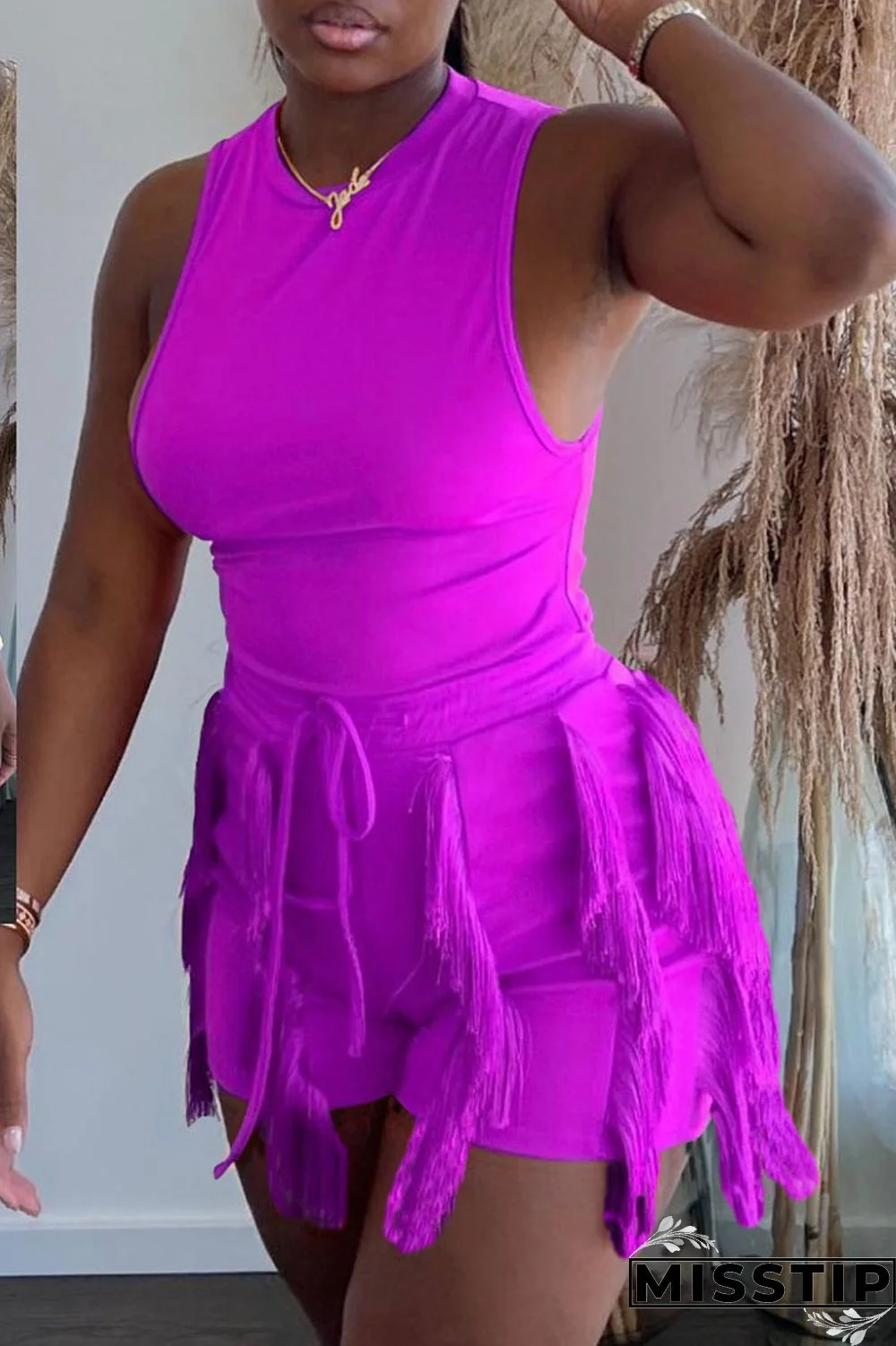 Peacock Blue Casual Solid Tassel Patchwork O Neck Sleeveless Two Pieces