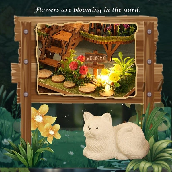 image displaying miniature scenes of a blooming coutyard in the Forest Adventure DIY Miniature House Kit