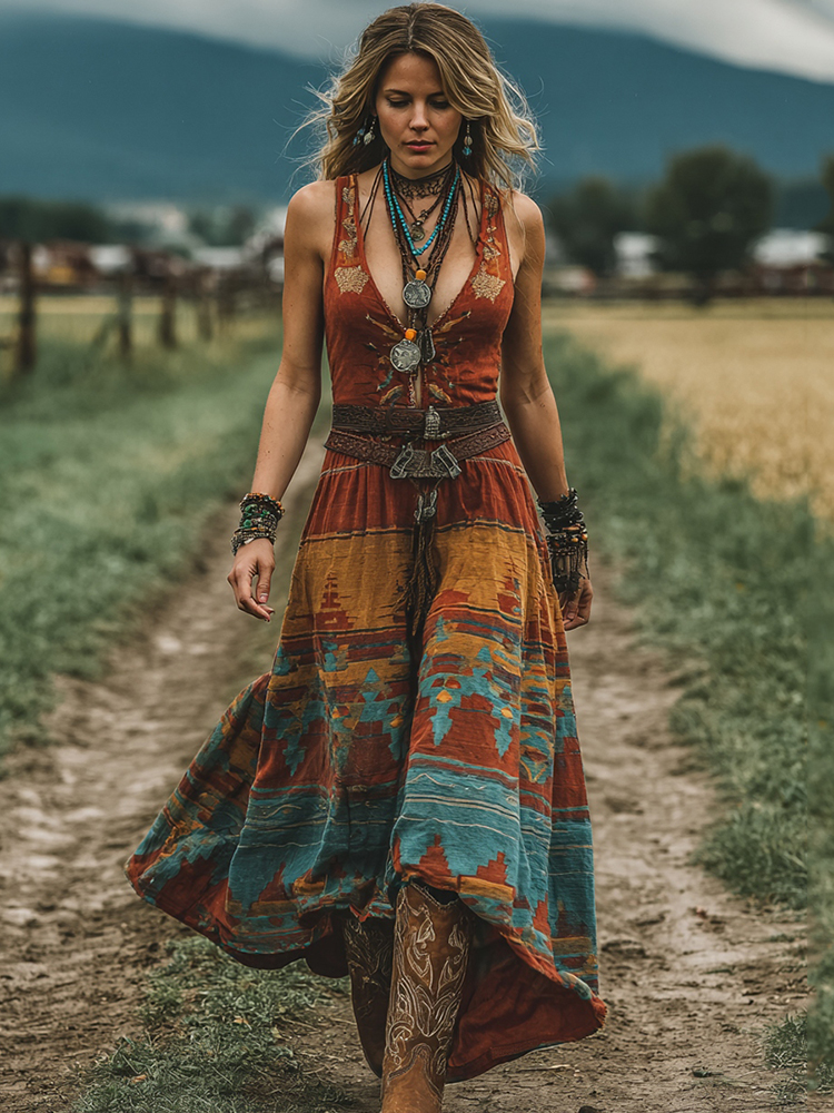 Women's Vintage Western Geometric Print V-neck Tank Midi Dress