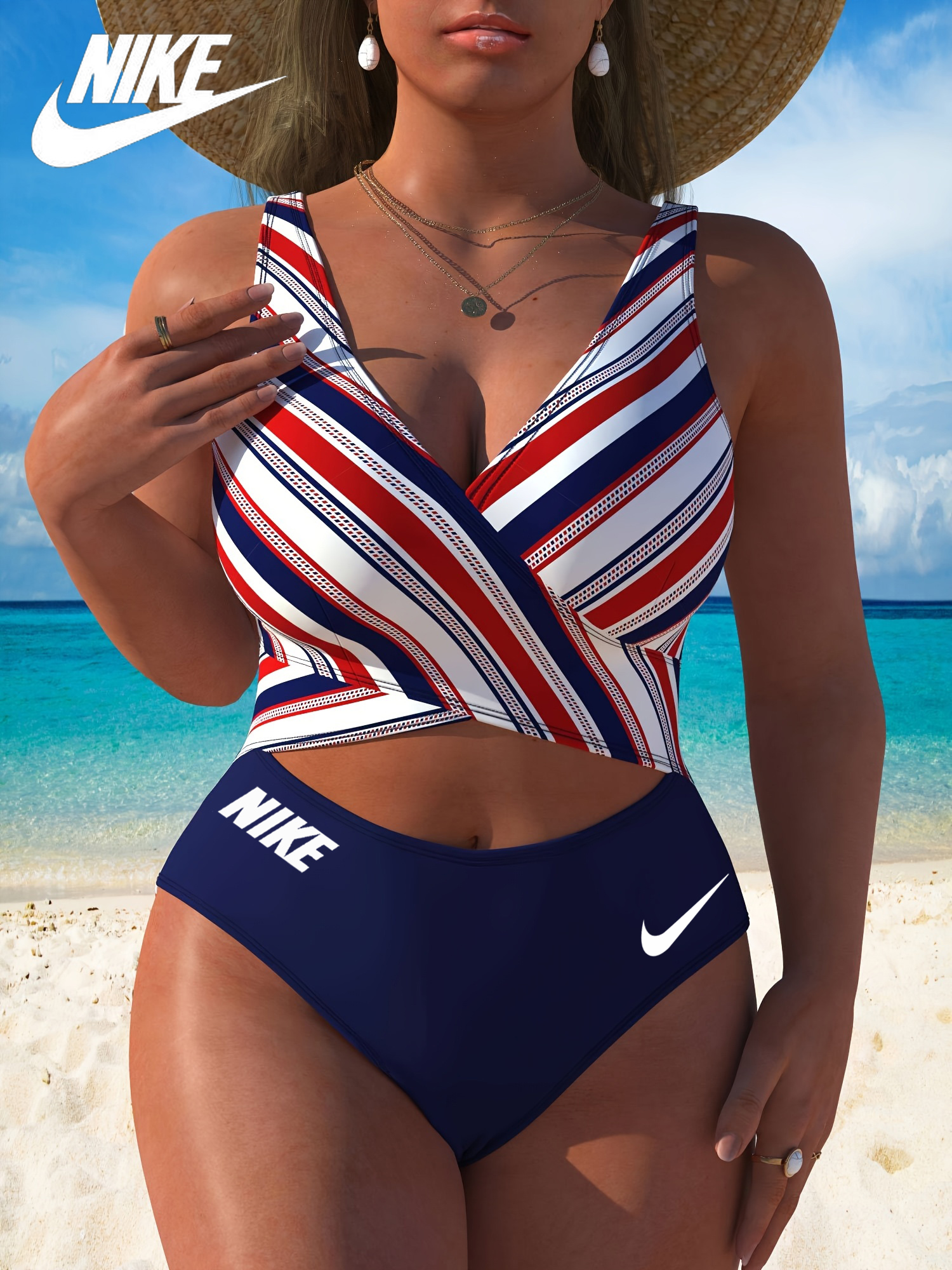 Fato de banho de uma peça com estampado listrado profundo na frente e decote em V