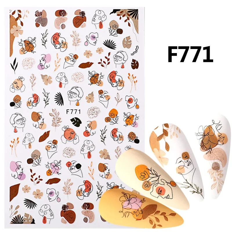 1PC 3D Nail Sticker Stick Figure Woman Face Pattern Special Transfer Picture Flowers Sliders Sticker DIY Nail Art Decoration