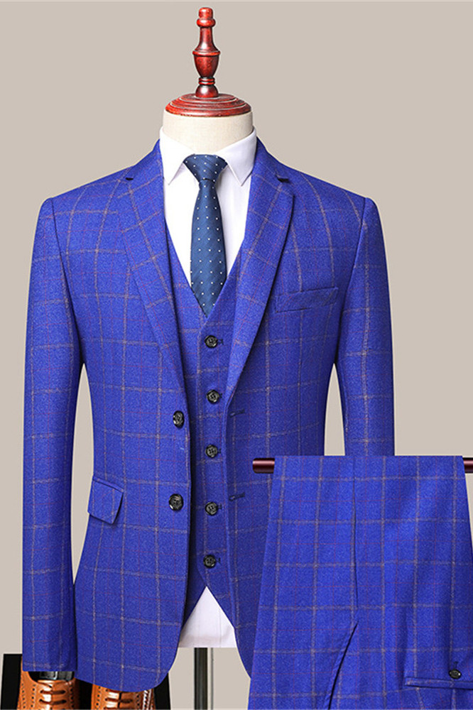 Casual Royal Blue Plaid Prom Attire suit For Men with Flap