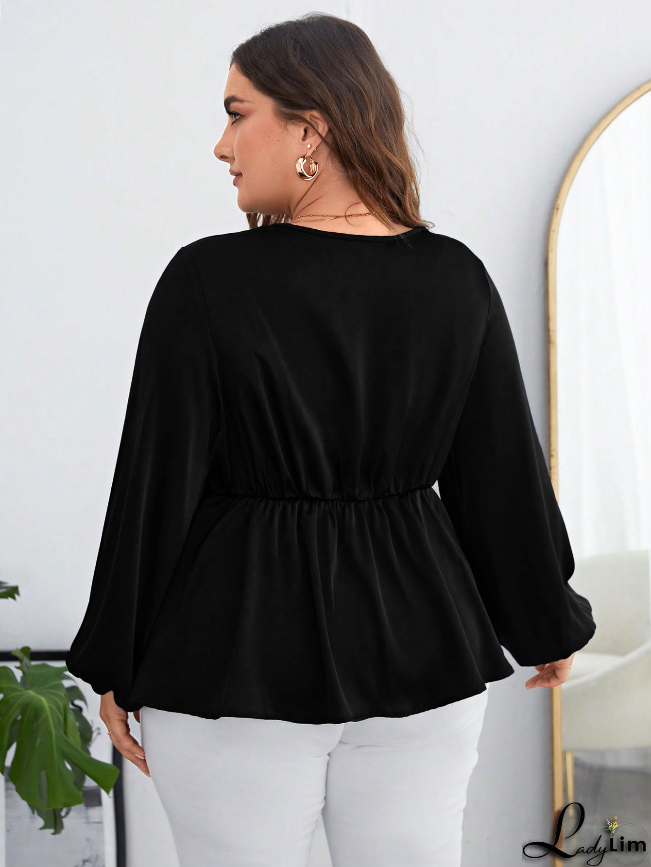 Elegant Plain Surplice Neck Long Sleeve Lace Up Blouse