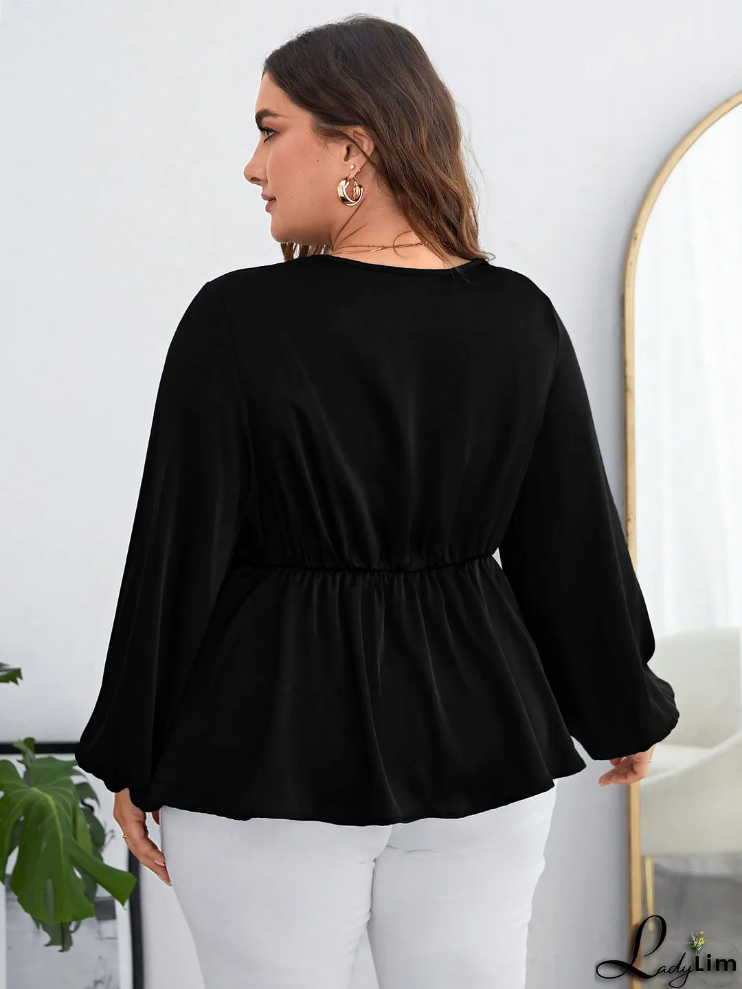 Elegant Plain Surplice Neck Long Sleeve Lace Up Blouse