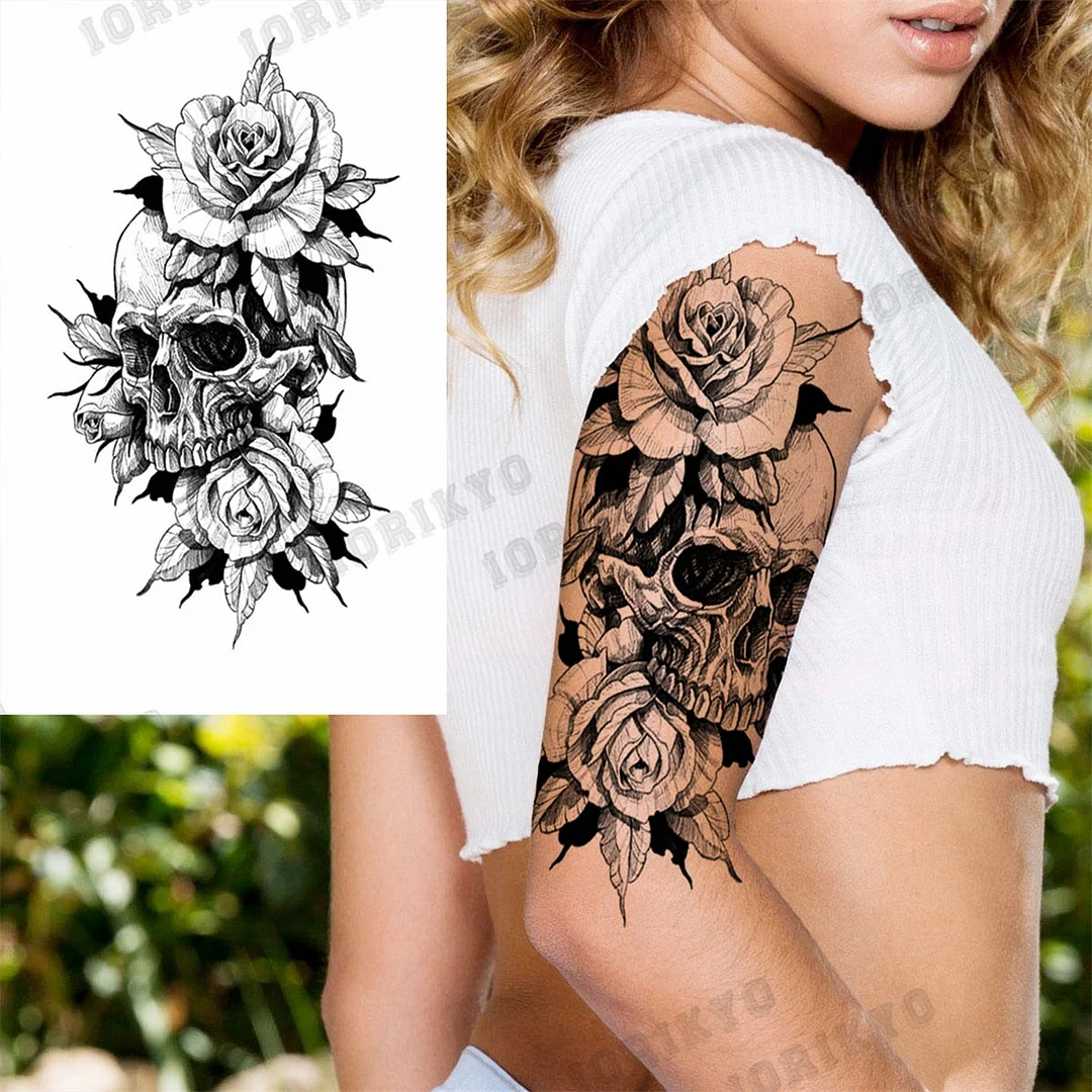 3D Skull Rose Flower Temporary Tattoos For Women Men Geometry Tiger Compass Mandala Fake Tattoo Washable Body Art Painting Tatoo