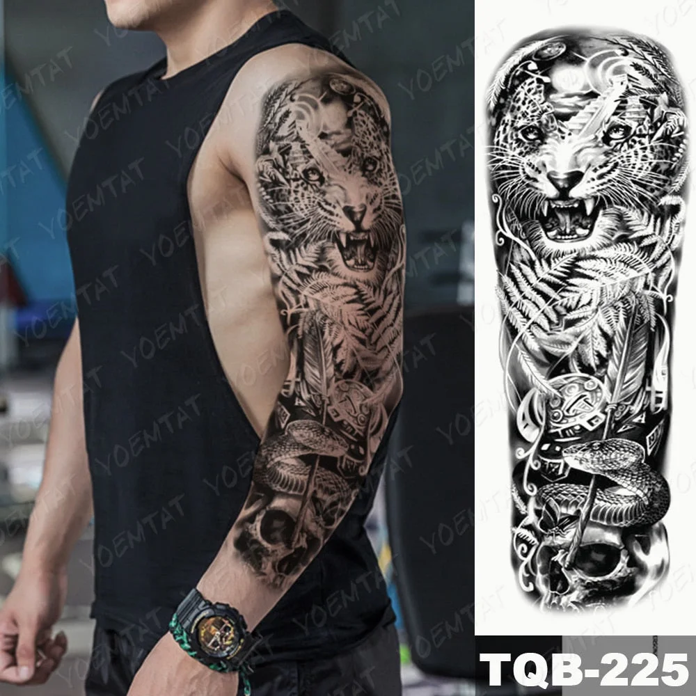 Large Arm Sleeve Tattoo Lion Cross Prayer Waterproof Temporary Tatto Sticker Tiger Beach Compass Body Art Full Fake Tatoo Men