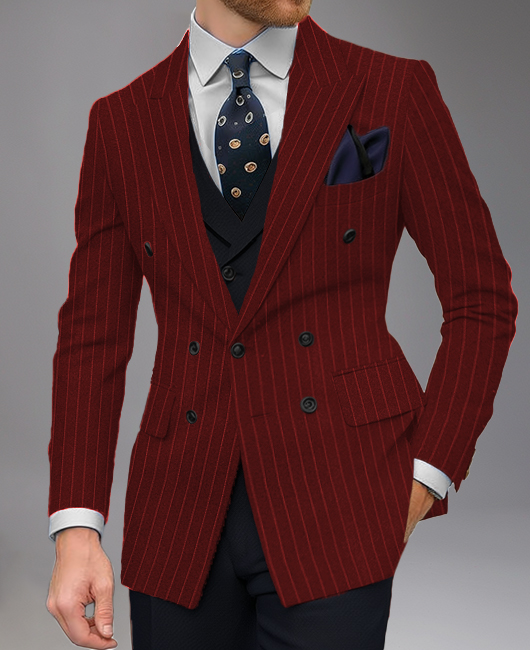 Business Peaked Lapel Striped Triple Breasted Blazer