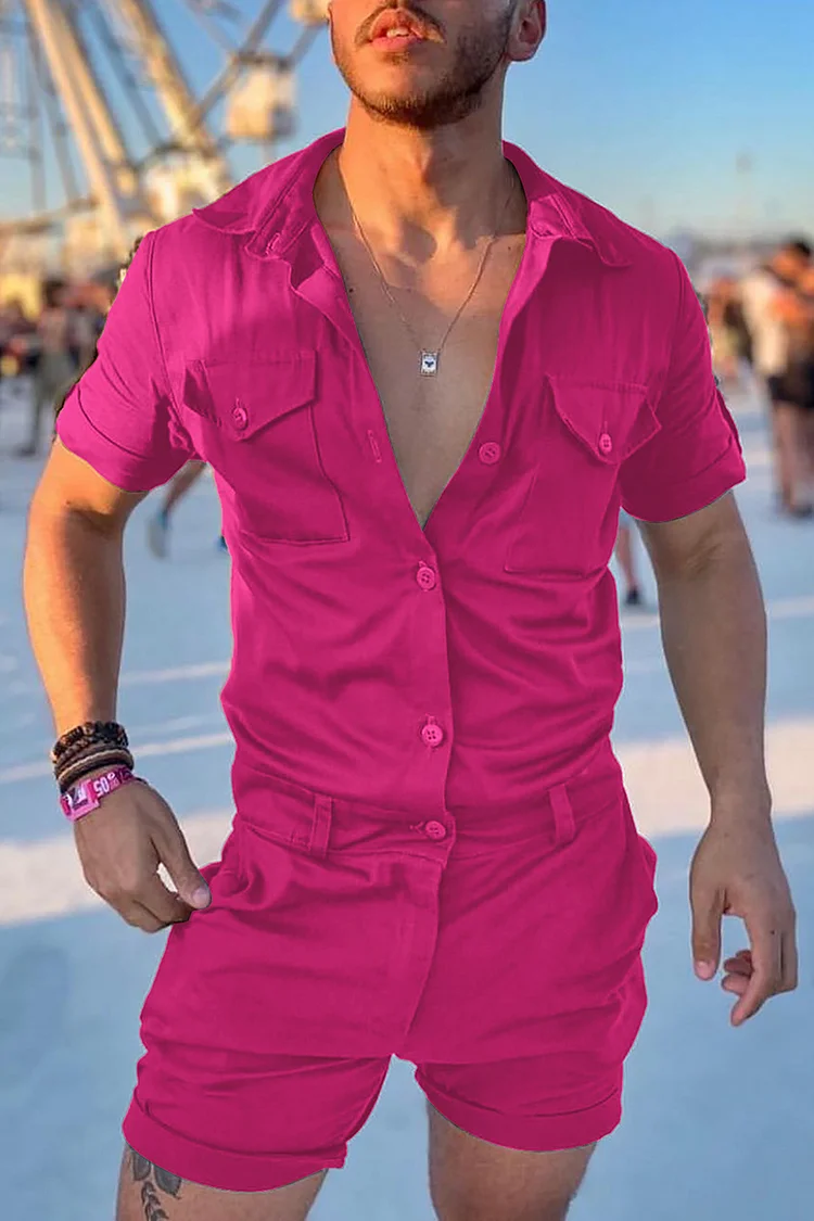 Casual Slim Fit Flap Pocket Hot Pink Cargo Shirt Romper