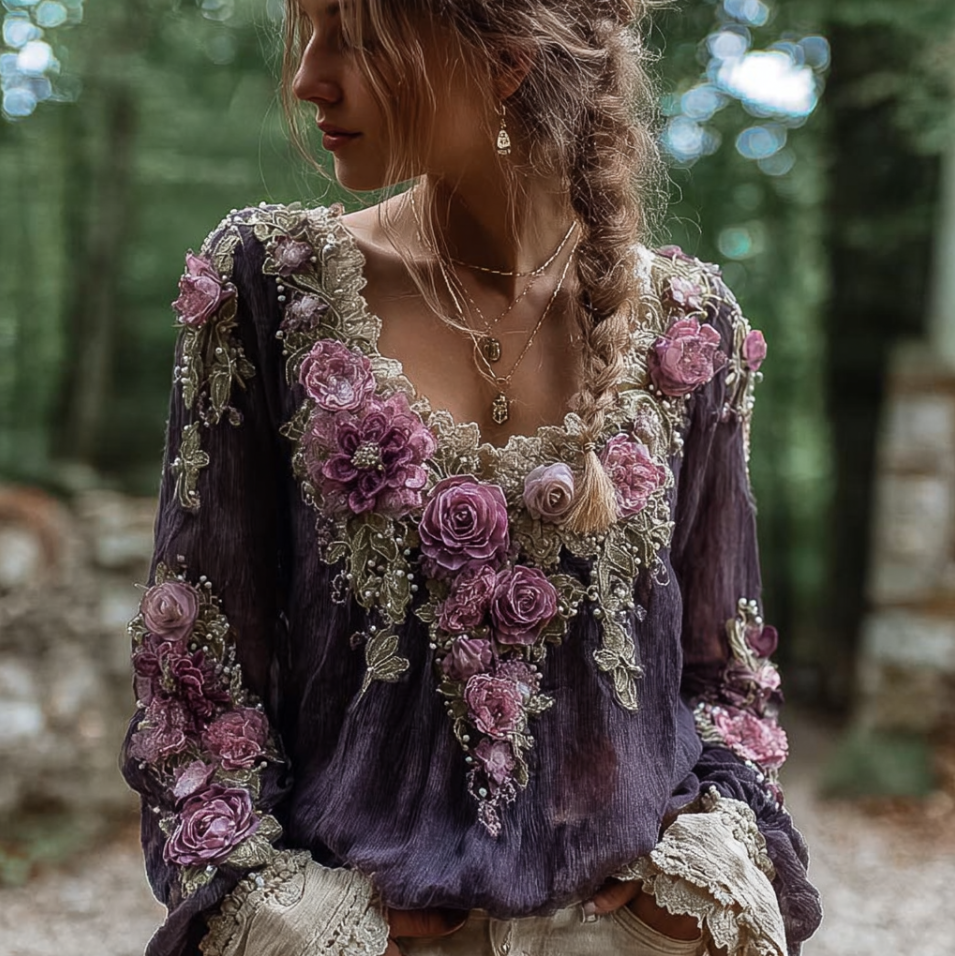Bohemian Style Round Neck Long Sleeve 3d Purple Flower Design Cotton And Linen Top For Women