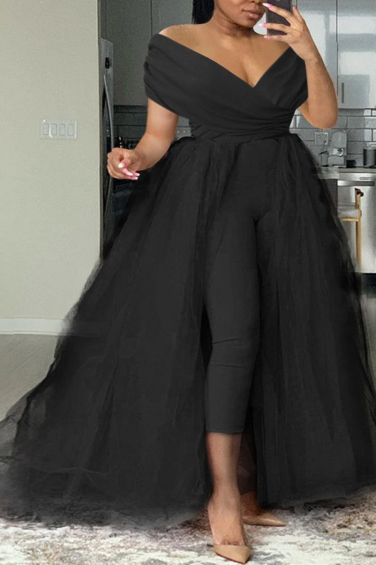 Xpluswear Plus Size Formal Casual One Piece Outfit Solid Off The Shoulder V Neck Tulle Jumpsuit (With Tulle Skirts)
