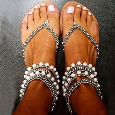 VCSHOES Beading Rhinestone Thong Flat Flops Sandals