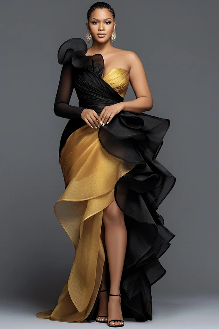 Xpluswear Design Plus Size Formal Gold Oblique Collar One Shoulder Long Sleeve Ruffle Elegant Asymmetric Hem Irregular Hem Maxi Dresses 2024 - Xpluswear