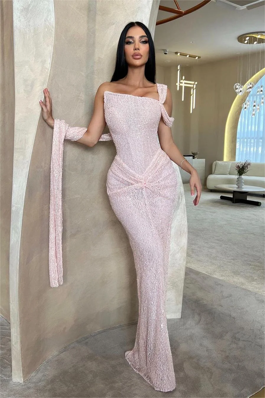 Stunning Pink Sequins Sleeveless One Shoulder Slim Prom Dress with Pleated | Wiwidress