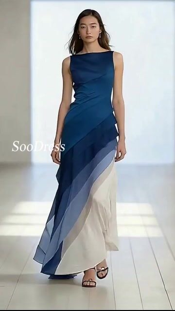 French Blue High Waist Patchwork Tulle Maxi Dresses Sleeveless