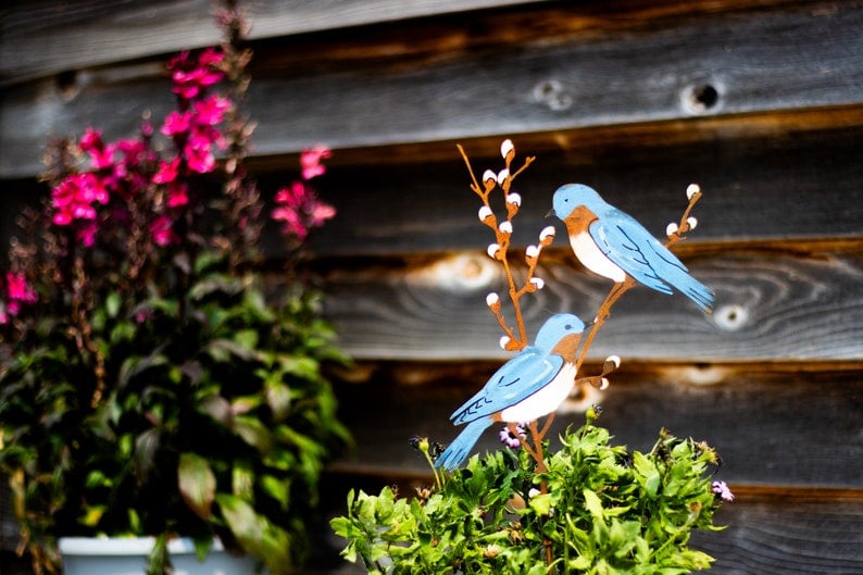 Hand Painted Metal Bluebirds on Spring Willow Garden Stake Bluebirds Silhouette Rusted Metal Yard Art Garden Gifts S928P image 2