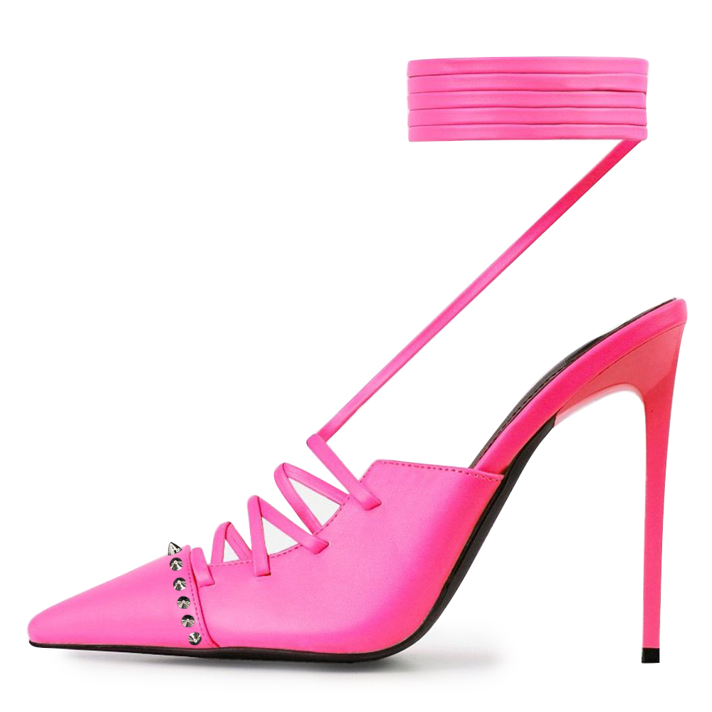Hot Pink Pointed Toe Lace Up Stiletto Heels with Rivets Accent Nicepairs