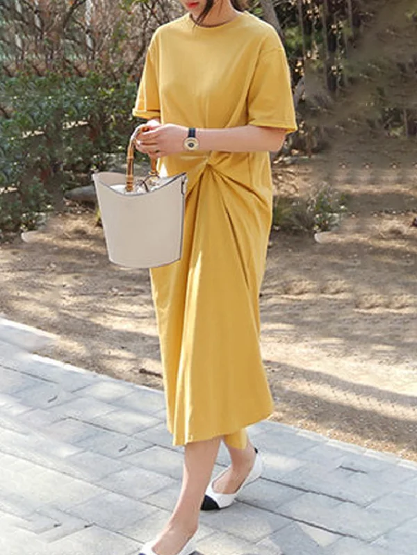 Solid Color Irregular Pleats Midi Dress - Stylish and Chic