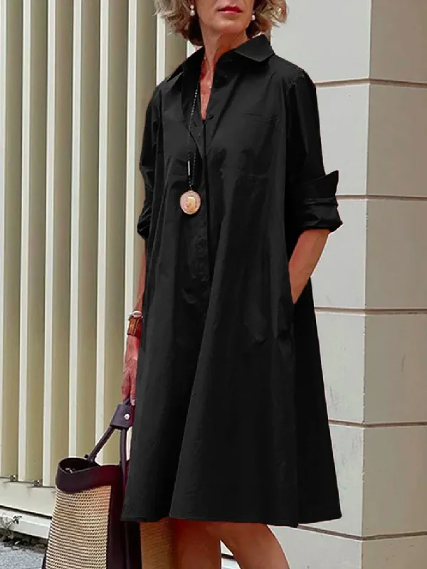 Simple Long Sleeves Solid Color Lapel Midi Dress