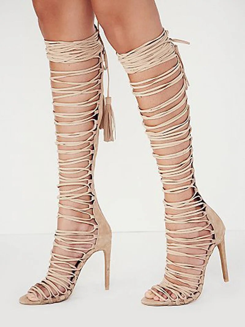 VCSHOES Thin Strappy Back Tassel Sandals Boots Suede Straps Cut Out Fringed Over The Knee Boots High Heels Boots