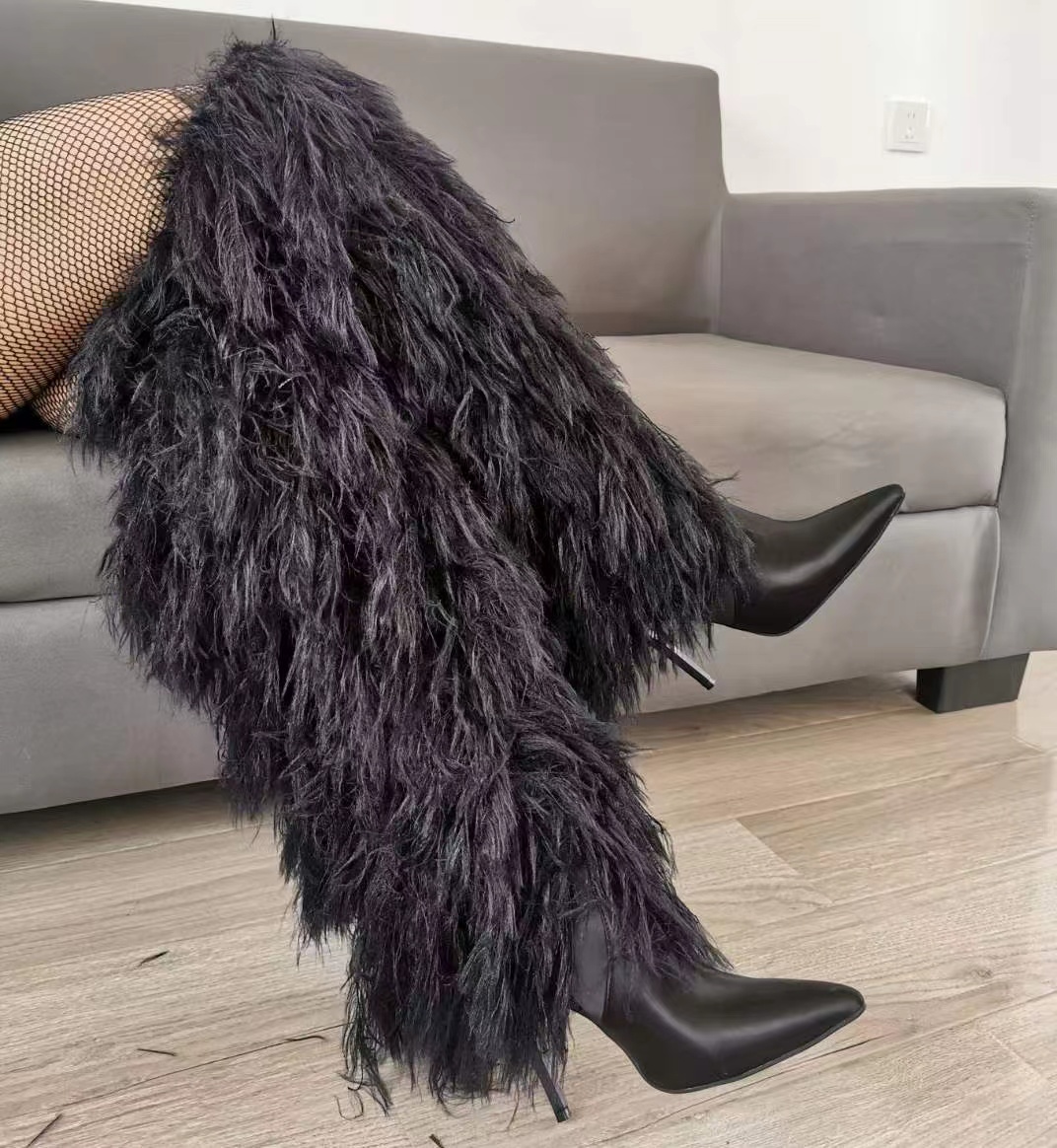 VCSHOES Black Faux Fur Boots Pointy Toe Heels Knee-high Boots Women Shoes