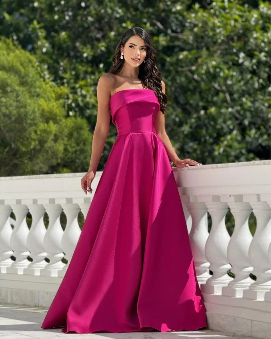Cocoslly Folded Neckline Strapless Sleeveless Long A-Line Prom Dress | Fuchsia Satin ZT0741