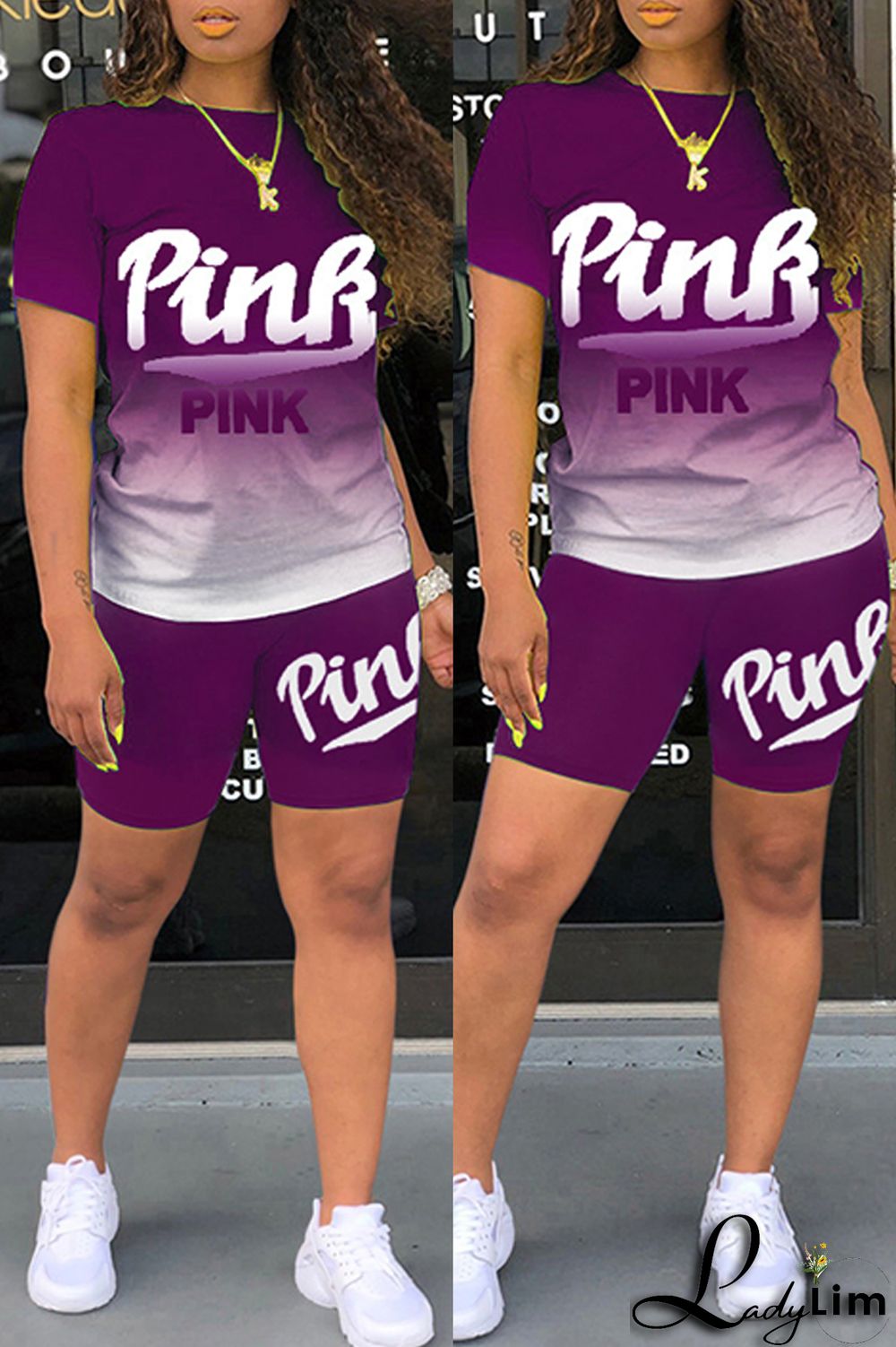 Green Fashion Casual Gradual Change Letter Print Basic O Neck Short Sleeve Two Pieces