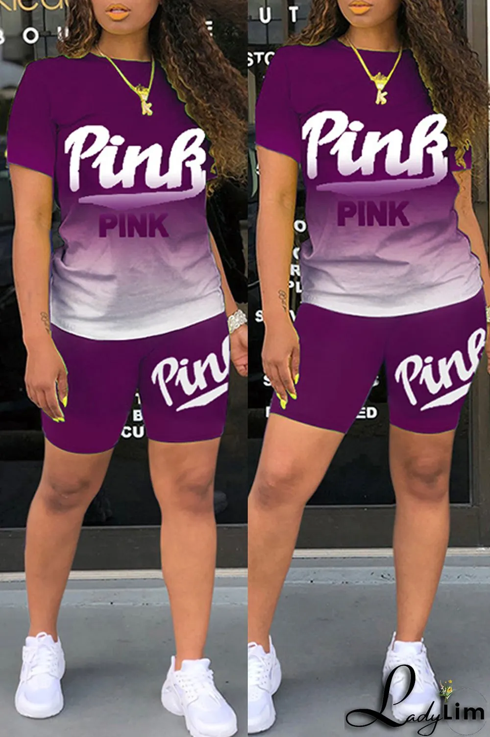 Green Fashion Casual Gradual Change Letter Print Basic O Neck Short Sleeve Two Pieces