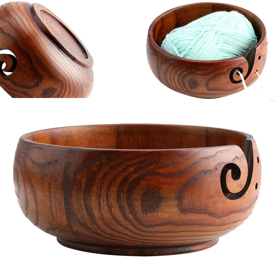 Handmade Wooden Yarn Bowl Wool Storage Bowl with Holes