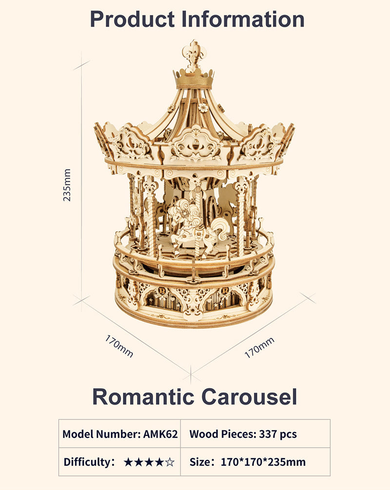 Wooden Romantic Carousel Mechanical Music Box 3D Wooden Puzzle AMK62 11