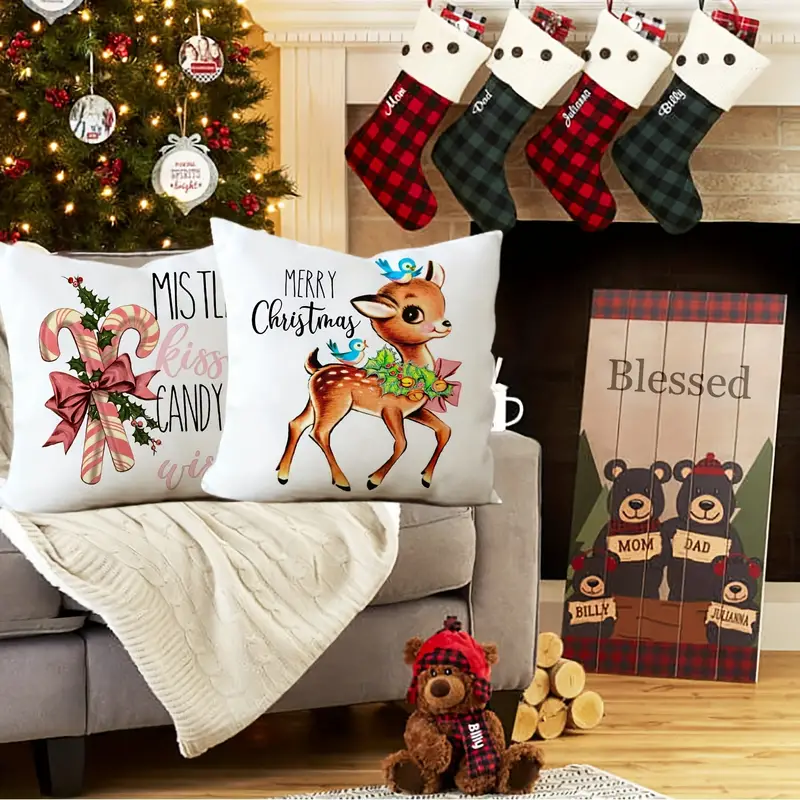 4pcs linen blend christmas decorations pillow covers 18 18 snowflake santa snowman deer bird candy cane xmas rustic winter holiday throw pillows christmas decor cushion cases k031 18 x18 pink red grey details 3