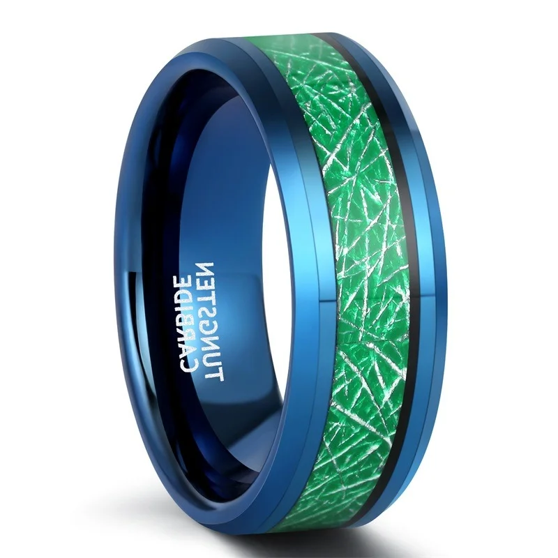 8MM Black Green Imitated Meteorite Inlay Tungsten Carbide Men's Wedding Bands