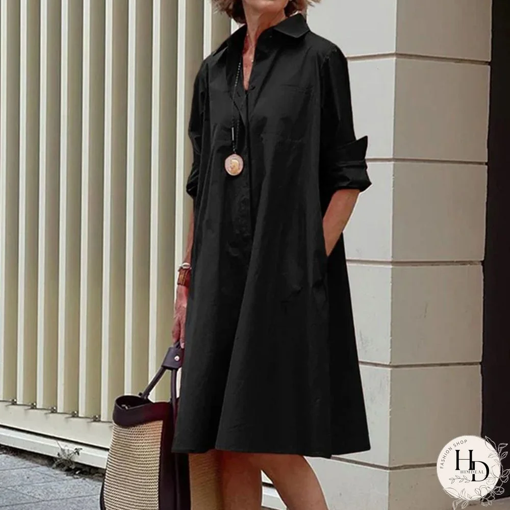 Autumn Women Harajuku Lapel Shirt Dress Vintage Ladies Long Sleeve Loose Mini Dress Elegant Commute Solid Pocket Dress Vestidos