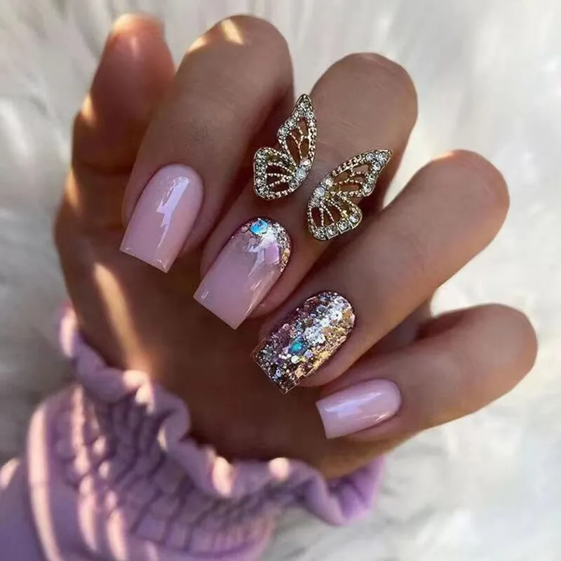 Churchf Nail Full Cover Fake Nail Pink Glitter Wearable French Short Nails Square Head False Nail Press On Nails Manicure Tool 715-1-Nail Inspo