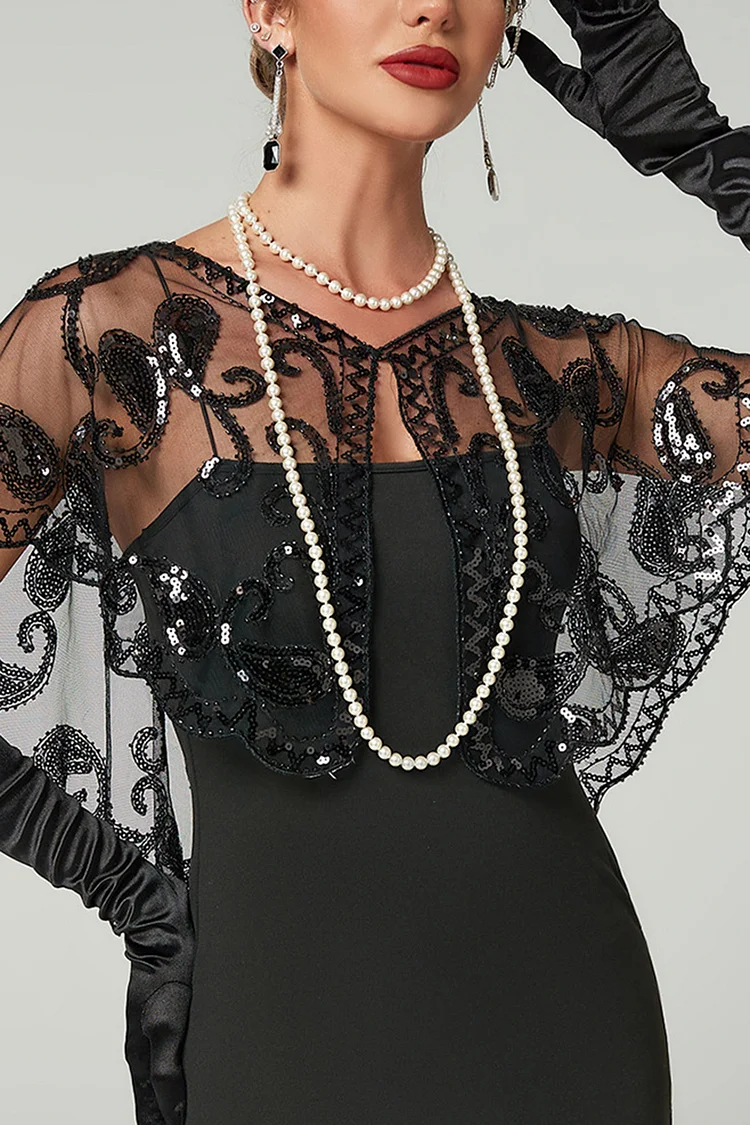 Party Black Round Neck See Through Flapper Sequin Shawl 2024 - Xpluswear
