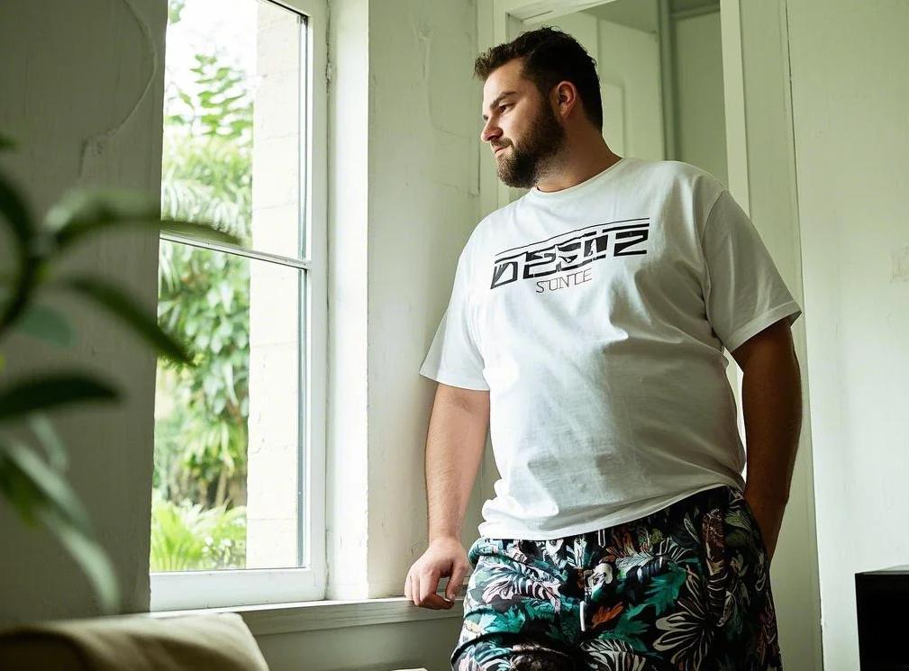 A man relaxing at home in big and tall 2-piece sets.