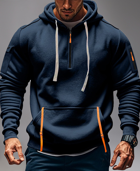 Casual Half Zipper Pocket Fleece-Lined Contrast Binding Drawstring Hoodie
